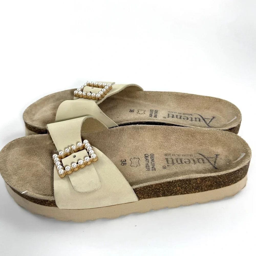Autenti Batistella Womens Cream Leather Pearl Buckle Platform Slide Sandals 38 - Picture 6 of 10